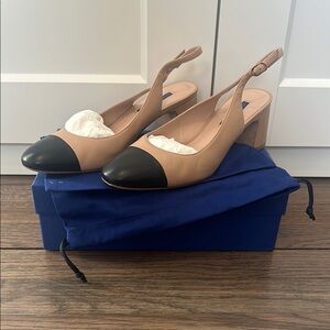 Stuart Weitzman Tan and Black Slingback Block Heels